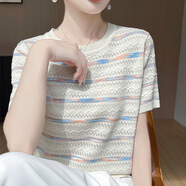 歌米拉（Gemila）冰絲短袖T恤女圓領(lǐng)薄款彩虹條紋2025夏季寬松正肩天絲針織上衣 藍色條紋 XL 115-125斤左右
