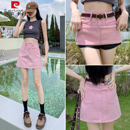 皮爾卡丹（pierre cardin）國際大牌深藍(lán)色牛仔短裙女半身裙夏季薄高腰復(fù)古a字小個子防走光 粉色(無腰帶) L (建議體重111-120斤)