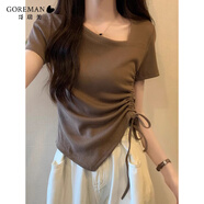 哥瑞美2025夏季新款時(shí)尚不規則下擺個(gè)性設計感斜領(lǐng)抽繩短袖T恤女上衣 咖啡色 L