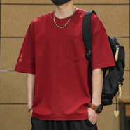 依郎酷2025夏季簡(jiǎn)約口袋短袖t恤男美式休閑重磅體恤寬松破洞半袖上衣潮 熔巖紅 S 【適合95-115斤】