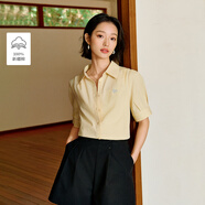 茵曼通勤壓褶泡泡袖全棉襯衫夏季女裝翻領(lǐng)刺繡襯衣上衣 嫩黃色  XL