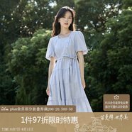茵曼（INMAN）夏季法式收腰提花肌理女裝方領連衣裙文藝風泡泡袖裙子 藍色 XL