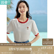 茵曼涼感撞色繡花女裝正肩短袖t恤2025夏季新品打底衫上衣 珍珠白 XL