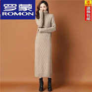 羅蒙（ROMON）長款毛衣裙過膝2024秋冬季新款高領(lǐng)大碼女裝羊毛針織連衣裙氣質(zhì) 杏色 3XL (建議135-150斤)