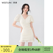 西遇V領(lǐng)泡泡袖連衣裙女2024年早夏新款法式褶皺收腰修身包臀裙子 黃色 M
