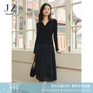 玖姿·安娜蔻【蕾絲映夢】假兩件拼接壓褶毛衫連衣裙女春款 素黑 M