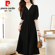 皮爾卡丹（pierre cardin）赫本風(fēng)領(lǐng)雪紡短袖連衣裙女夏季2025新款收腰小黑裙氣質(zhì)顯瘦裙子 黑色 XL 【120-135斤】