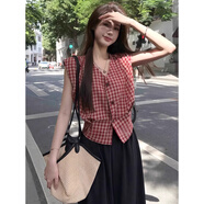佐敘復古紅色格子背心無(wú)袖襯衫女設計感小眾夏季2025新款掐腰百搭上衣 紅色 M （100-115斤）
