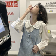 冉藝嵐同款初秋新款甜美娃娃領(lǐng)長袖襯衫搭蝴蝶結(jié)收腰顯瘦a字背帶裙女兩 襯衫 S