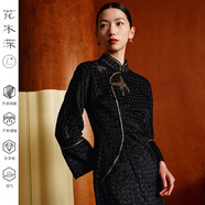 花木深新中式黑色旗袍立領(lǐng)國風(fēng)刺繡禮服千鳥(niǎo)格絲絨連衣裙【劉濤同款】 黑金 XS