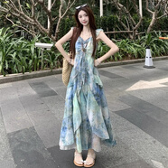 木清清法式超好看獨特漂亮吊帶連衣裙女夏甜美小眾度假油畫(huà)暈染雪紡長(cháng)裙 綠色連衣裙 M
