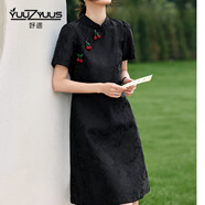 妤遇（YUUZYUUS）叛逆者新中式連衣裙女2025夏季新款中國風櫻桃繡花復古改良旗袍 黑色 S