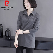 皮爾卡丹（pierre cardin）長袖T恤女裝2025秋裝翻領(lǐng)上衣休閑打底衫襯衣媽媽裝加絨純色內(nèi)搭 深灰 T2048中長款 下擺開叉 M
