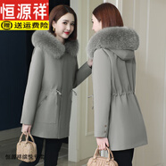恒源祥派克服女款2025年秋冬新款兔毛內(nèi)膽狐貍領(lǐng)連帽中長款外套大衣 綠色 M 【95斤-110斤】