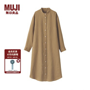 無(wú)印良品 MUJI 女式 法國(guó)亞麻水洗 立領(lǐng)連衣裙 深咖啡棕色 L