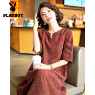 花花公子（PLAYBOY）香云紗連衣裙女2025夏季新款杭州絲綢桑蠶絲氣質(zhì)媽媽裙子 官方旗艦紅色 【高品質(zhì)連衣裙】 2XL 建議120-130斤