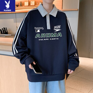 花花公子（PLAYBOY）衛衣男春秋薄款長(cháng)袖t恤韓版寬松大碼上衣青年學(xué)生百搭翻領(lǐng)體恤衫 TJB9317藏青色 M 【100-125斤】