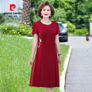 皮爾卡丹（pierre cardin）媽媽裝夏季紅裙喜婆婆婚宴顯瘦中長裙減齡洋氣 紅色 XL 建議85-105斤