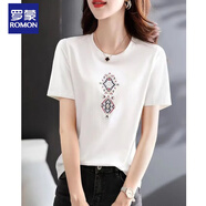 羅蒙（ROMON）刺繡圖案T恤衫2025夏新款休閑幾何民族風(fēng)刺繡圖案女士體恤女上衣 官方旗艦白色 S 80-100斤