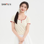 三福（SANFU）短袖T恤2025新款夏季少女感撞色圓領(lǐng)碎花短款上衣女裝 杏底紅花 S