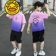 G.DUCKKIDS品牌童裝兒童裝男童夏裝套裝中大童男孩夏季韓版洋帥氣短袖潮衣服 漸變笑臉套裝562款 粉紅色 130 建議身高120CM左右