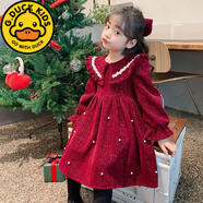 G.duck女童連衣裙加絨秋冬款2024新款冬裙女孩公主裙秋裝釘珠絲絨.裙子 紅色 加絨 140  適合130-140cm年齡8-9歲