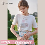 Olrain歐芮兒白色短袖T恤女夏季寬松透氣顯瘦套頭印花上衣 白色O22XT01903 165/88A/L