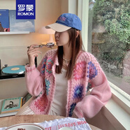 羅蒙（ROMON）粉色小香風(fēng)方格針織開衫女秋季洋氣減齡彩色鏤空鉤織毛衣外套冬 粉色 S 建議85-95斤