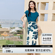 尚都比拉短袖t恤印花半裙套裝時(shí)尚洋氣兩件套氣質(zhì)型夏季女裝 藍(lán)配花色 S 