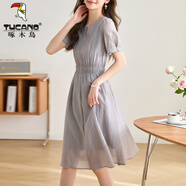 啄木鳥(niǎo)連衣裙女2025新款夏季輕奢高級感小個(gè)子法式氣質(zhì)收腰顯瘦夏天裙子 淺灰色 XL 105-120斤