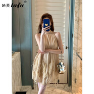 她芙（tafu）品牌女裝小香風連衣裙女2025夏季新款小個子露肩減齡名媛掛脖短裙 香檳色 M
