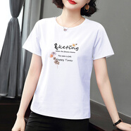 皮爾卡丹（PIERRE CARDIN）中老年媽媽短袖t恤女士夏裝寬松高端汗衫白色體恤衫上衣女裝 白色like兩支花 M