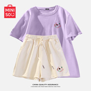 名創(chuàng)優(yōu)品（MINISO）運動套裝女夏季2025年新款純棉短袖小個子休閑夏裝搭配一整套女裝 香芋紫+奶白(m魔力紫) L 165(顯瘦遮肚子)
