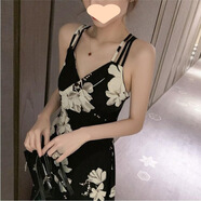 COLORFUL GEMS夏季韓版印花露背吊帶大擺連衣裙女沙灘度假性感中長款廣州十三行 黑色 M 建議95-110斤