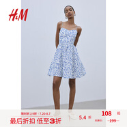 H&M女裝連衣裙夏季露肩喇叭裙擺碎花印花吊帶裙短裙連身裙1231427 白色/藍色花卉 XL 170/116