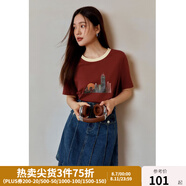 獨(dú)束大碼女裝美式復(fù)古懷舊風(fēng)城市印花T恤女夏季微胖mm顯瘦圓領(lǐng)上衣 落霞紅 L
