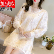 皮爾卡丹（pierre cardin）中長(cháng)款蕾絲打底小衫女2025春秋冬款氣質(zhì)女神范上衣服百搭洋氣裙擺 全身加絨杏色 XL 113-125斤