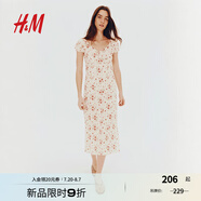 H&M女裝連衣裙2025夏季新款法式V領(lǐng)泡泡袖寬松植物印花長裙1269443 白色/花卉 L 170/104
