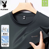 花花公子桑蠶絲短袖t恤男士2025夏季新款涼感圓領(lǐng)中老年爸爸裝速干體恤衫 軍綠 XL 175 建議體重130-150斤