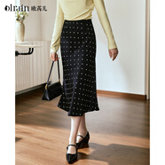 Olrain歐芮兒A字顯瘦波點(diǎn)半身裙女裝秋季高腰顯瘦中長(cháng)裙 黑白波點(diǎn) M
