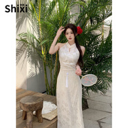 世希大碼無(wú)袖連衣裙女夏季新中式設(shè)計(jì)感旗袍長(zhǎng)裙胖MM收腰顯瘦包臀裙子 提花裙 2XL 建議140~160斤