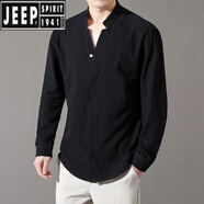 JEEP SPIRIT純|棉男土長(zhǎng)袖t恤夏季薄款透氣棉麻襯衫中國(guó)風(fēng)男士戶外防曬工作服 8K01袖長(zhǎng)黑色 M (80-100斤)