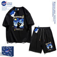 NASA STONE聯(lián)名星空貓短袖短褲套裝2025夏季t恤男生潮牌百搭學(xué)生運動(dòng)五分褲 黑色+黑褲子 S