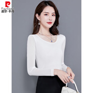 皮爾卡丹（pierre cardin）紗衣打底衫女內(nèi)搭蕾絲緊身上衣女低領沙t黑色修身網(wǎng)紗打底衫小衫 白色 圓領(前后雙層) M (適合體重80-95)