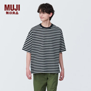 無(wú)印良品（MUJI） 男式 水洗 粗棉線 圓領(lǐng) 五分袖T恤 男士打底衫男款短袖 黑色圖案 XL(180/104A)
