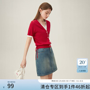 范思藍(lán)恩假兩件短袖針織開衫女2024新款夏季V領(lǐng)針織上衣24FS12195 紅色 S
