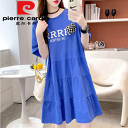 皮爾卡丹（pierre cardin）200斤夏季女裝胖m妹中長(cháng)寬松短袖t恤裙特大尺碼A字裙顯瘦拼接連衣 藍色送掛飾今年流行的輕奢品牌 M 建議80-115斤