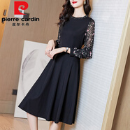 皮爾卡丹（pierre cardin）蕾絲連衣裙子女2025新款春秋冬長(cháng)袖高端收腰顯瘦氣質(zhì)黑色打底內搭 黑色(不加絨)《感時(shí)髦顯瘦別致漂 M 【90-105斤】