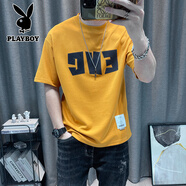 花花公子（PLAYBOY）男士短袖T恤2025夏季新款字母印花體恤高端彈力休閑半袖上衣 姜黃色 M 90-115斤
