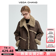 VEGA CHANG短外套女2025年秋冬季新款美拉德翻領(lǐng)皮毛一體機(jī)車夾克 機(jī)車棕 M
